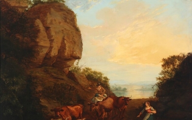 Philipp Peter Roos, style of, 19th century: Mountain landscape with herdsman. Signed and dated A. C. B...? 1829. Oil on canvas. 73.5×100.5 cm.
