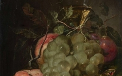 Pieter de Ring Leyde, vers 1615 - 1660 Grappe de raisins, prunes et verre sur un entablement et Abricots et huîtres sur un entablement
