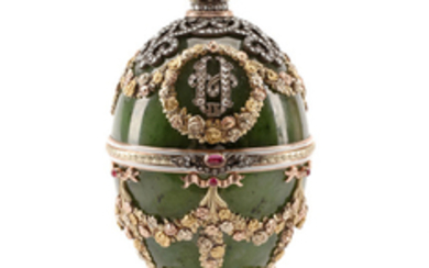 A Russian 14K gold, Diamond, Silver, Spinach Jade, Enamel, and Cabochon-Mounted Egg on stand