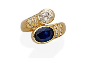 A sapphire, diamond and 18k gold bypass ring