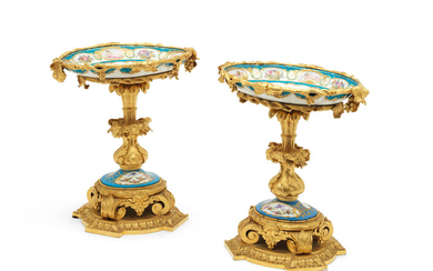 A pair of second half 19th century gilt bronze and Sevres porcelain tazze