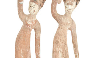 Two Chinese Painted Pottery Figures of Court Ladies Dancing