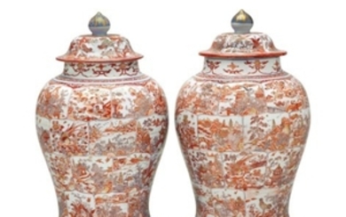 A VERY LARGE PAIR OF IRON-RED AND UNDERGLAZE BLUE JARS AND COVERS, KANGXI PERIOD, FIRST QUARTER 18TH CENTURY