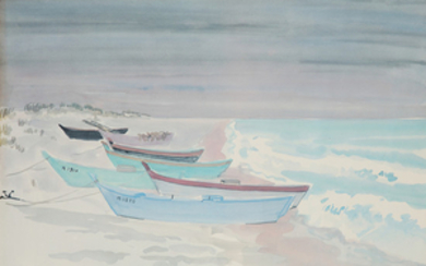 YVES BRAYER (1907-1990) Barques amarres sur la plage Watercolour on...