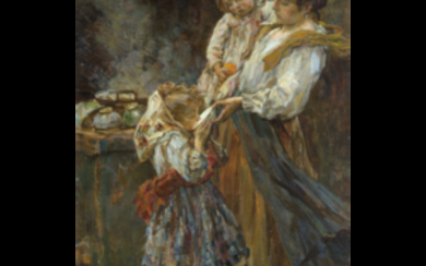 Alessandro Milesi ( Venezia 1856 - 1945 ) , "La dosa" 1916 olio su tela (cm 68x43) Firmato e datato in basso a sinistra In cornice Per questo lotto...