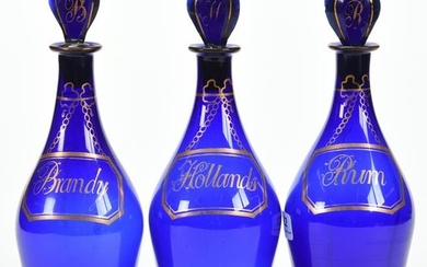 (3) Cobalt Blue Art Glass Liqueur Bottles