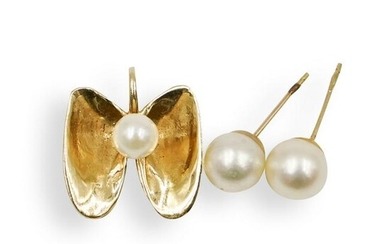 (3 Pc) 14k Gold and Pearl Jewelry Set