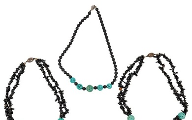 (3 Pc) Chinese Turquoise Bead And Sterling Silver Clasp Necklaces
