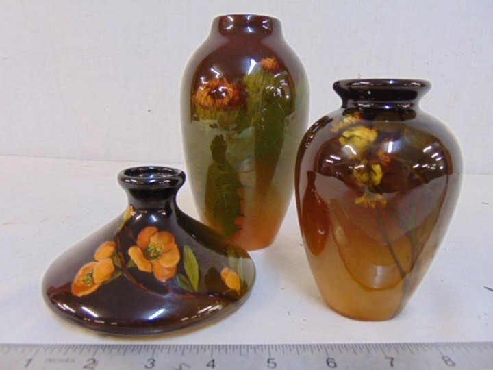 3 Rookwood art pottery vases, floral decorated, 6.5"