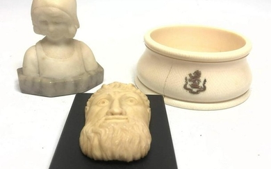 3pc Marble and Carved lot. Miniature marble bust of chi