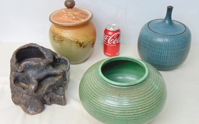 4 pieces Studio Pottery, green vase, fountain base, partially glazed lidded pot in beige & brown