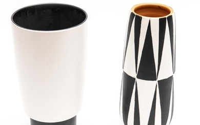 TWO BLACK AND WHITE POTTERY VASES, ONE SIGNED