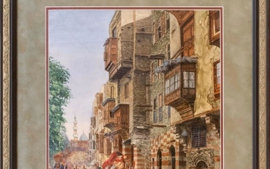 FRIEDRICH FRANK, Austria, 1871-1945, "Cairo"., Watercolor on paper, 16.5" x 15" sight. Framed 25" x 23".