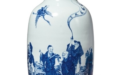 A LARGE AND EXTREMELY RARE BLUE AND WHITE 'IMMORTALS' VASE QIANLONG SEAL MARK AND PERIOD