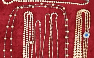 7 colliers > 1 collier à 3 rangs de perles fermoir en argent 800‰ centré d’une pierre bleue L. 23 cm Poids brut 77 g > 1 collier de perles fermoir en or 14K (585‰) L. 26 cm Poids brut 24 g > 1 collier de perles fermoir en or gris 18K (750‰) L. 23...