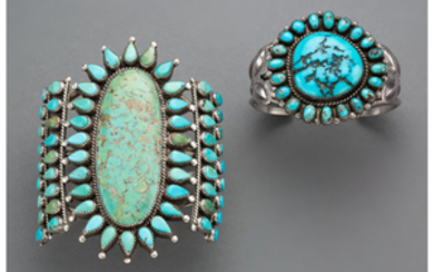 Two Navajo Cluster Bracelets c. 1990 silver, turquoise,...