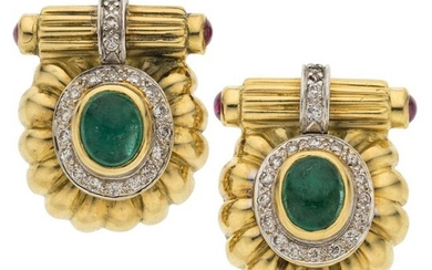 74022: Emerald, Ruby, Diamond, Gold Earrings Stones: F