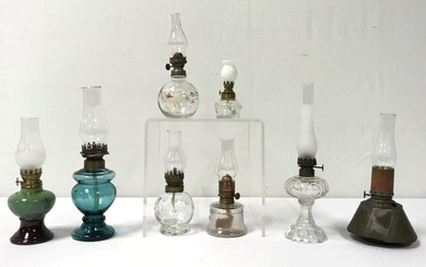 8 SMALL ANTIQUE OIL LAMPS, GLASS, METAL, POTTERY
