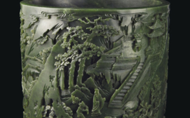 A FINELY CARVED SPINACH-GREEN JADE BRUSH POT, CHINA, QING DYNASTY, 18TH CENTURY