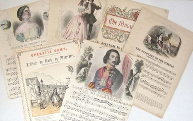 9 Antique music sheets, musical bouquet litho hand colored cover, 19th cen.
