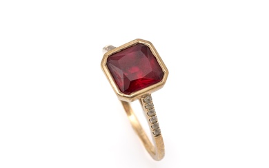 9ct Yellow Gold Ring with a lab grown Red Square Cut Sapphire with small diamonds. Made in Noosa. Size S (9.5)