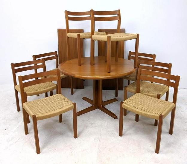 9pc Danish Modern Teak Dining Table & Chairs. JL MOLLER