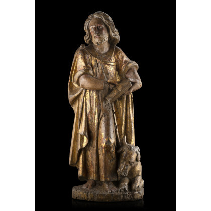 A 16th-century Spanish carved and partially gilded wooden sculpture representing "St. Luke the Evangelist" (h. cm 79) (defects and losses)