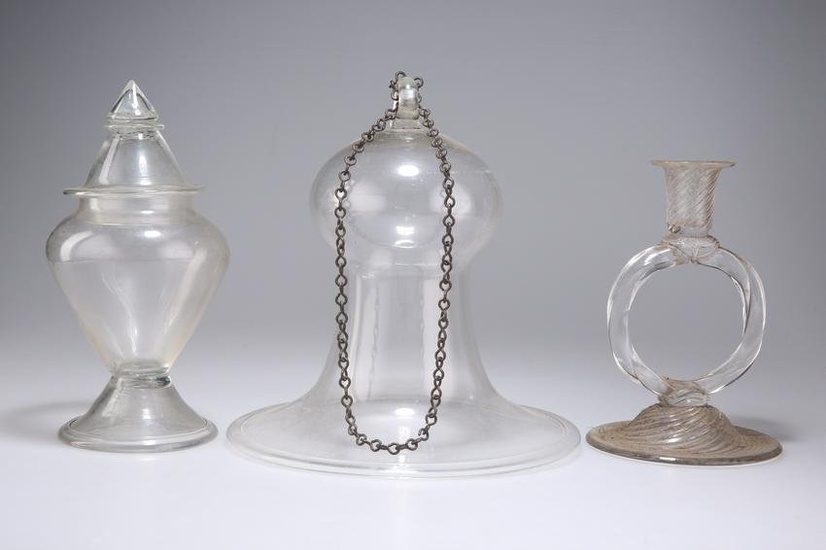 A 19TH CENTURY GLASS SMOKE BELL, A GLASS WRYTHEN CANDLESTICK AND A DRUG JAR