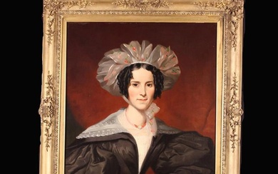 A 19th Century Oil on Canvas: Head & Shoulders Portrait of a Young Lady; her dark hair dressed in ri
