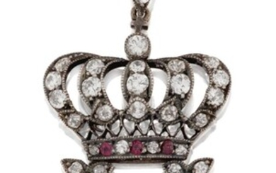 A 19th century diamond pendant, modelled as an old-brilliant-cut diamond-set initial 'U' surmounted by a diamond crown with ruby detail, to a pendant loop, c. 1880, approx. length including suspension 4.5cm (VAT charged on hammer price)