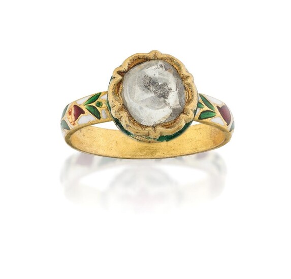 A 20th century diamond and polychrome enamel ring, the flat rose cut diamond in closed setting to red, white and green Jaipur enamelled hoop, approx. ring size L½