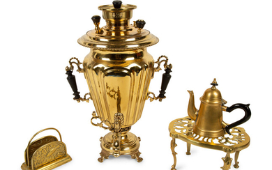 A Brass Samovar, Kettle Stand, Small Coffee Pot and Napkin Holder.