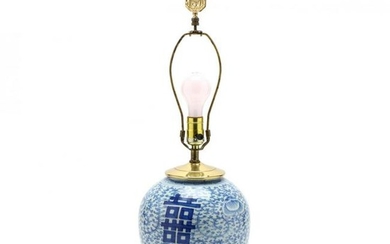 A Chinese Double Happiness Porcelain Jar Lamp and Pair