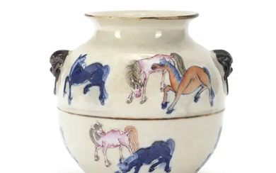 A Chinese blue and white and famille rose 'horses' jar Qing dynasty,...