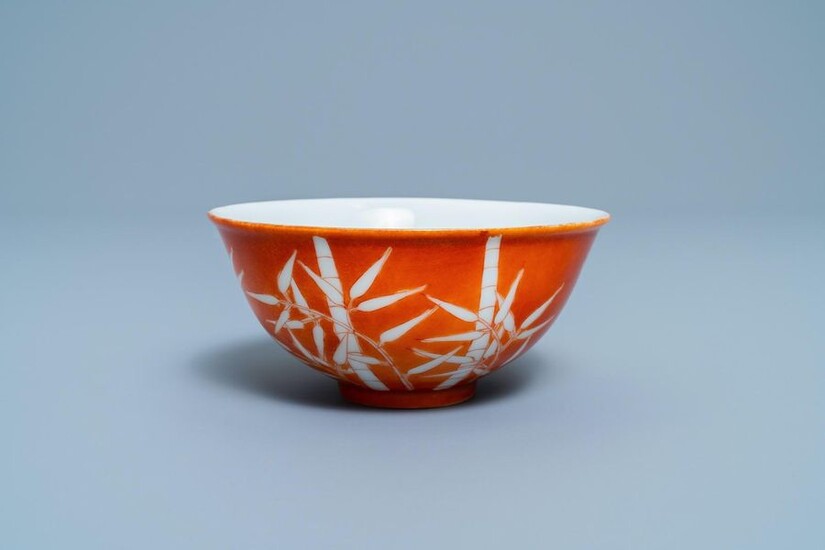 A Chinese coral ground 'bamboo' bowl, Xuantong mark and of the period