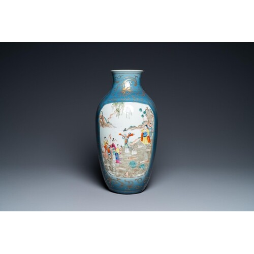 A Chinese famille rose gilt-decorated blue-ground vase, 18/1...