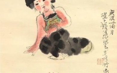 A Chinese scroll painting on paper depicting a seated...