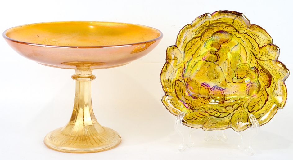 A Crown Crystal (Australia) marigold carnival glass large compote in...