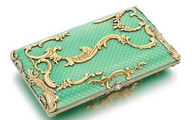 A FABERGÉ JEWELLED GOLD-MOUNTED SILVER AND GUILLOCHÉ ENAMEL CIGARETTE CASE, WORKMASTER AUGUST HOLLMING, ST PETERSBURG, 1899-1904