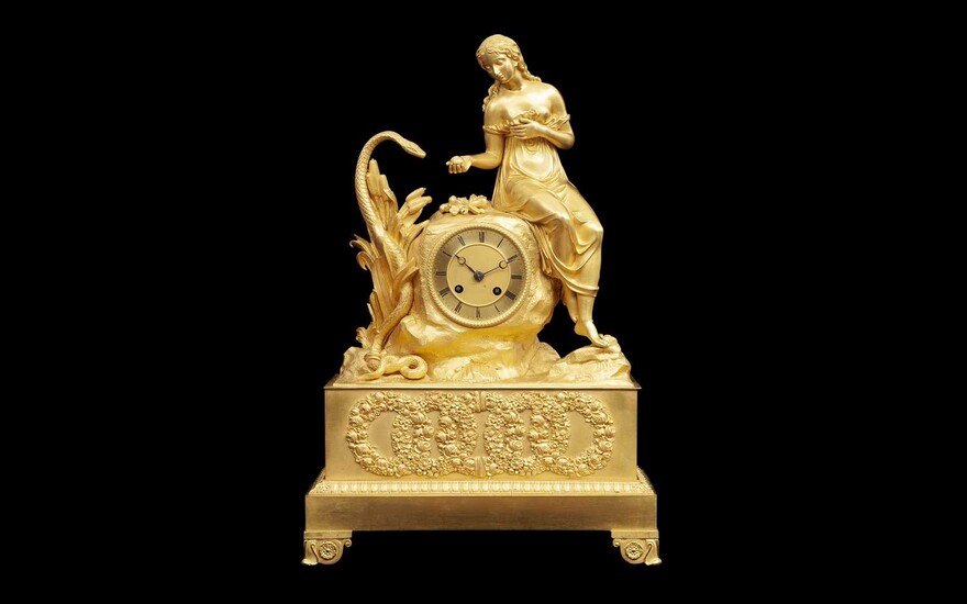A FINE AND RARE EARLY 19TH CENTURY ORMOLU CLOCK DEPICTING EVE AND THE SERPENT