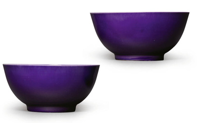 A FINE PAIR OF AUBERGINE-GLAZED BOWLS Kangxi six-character marks and...