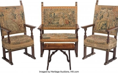 A Four-Piece Jacobean Carved Wood and Tapestry-U