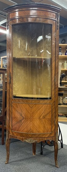 A French ormolu mounted glazed corner display cabinet with marble top (top A/F). Open but no key, H. 162cm.