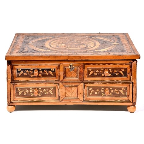 A French straw work sewing box, early 19th century, with fit...