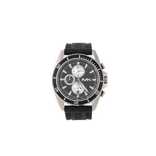 A GENT'S MICHAEL KORS STAINLESS STEEL CHRONOGRAPH, black fac...