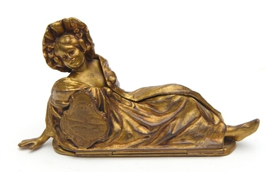 A GILT BRONZE EROTIC REVEAL FIGURE, MODELLED AS A FEMALE IN A FLOWING DRESS, SUPPORTING A SHIELD INSCRIBED 'NIAGARA FALLS / N.Y.', T.