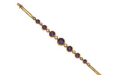 A GOLD, AMETHYST AND PEARL BRACELET