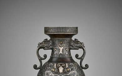 A GOLD AND SILVER INLAID BRONZE VASE, HU, MING