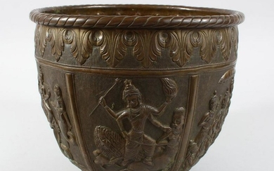 A GOOD AND LARGE INDIAN BRASS JARDINIERE, the body with