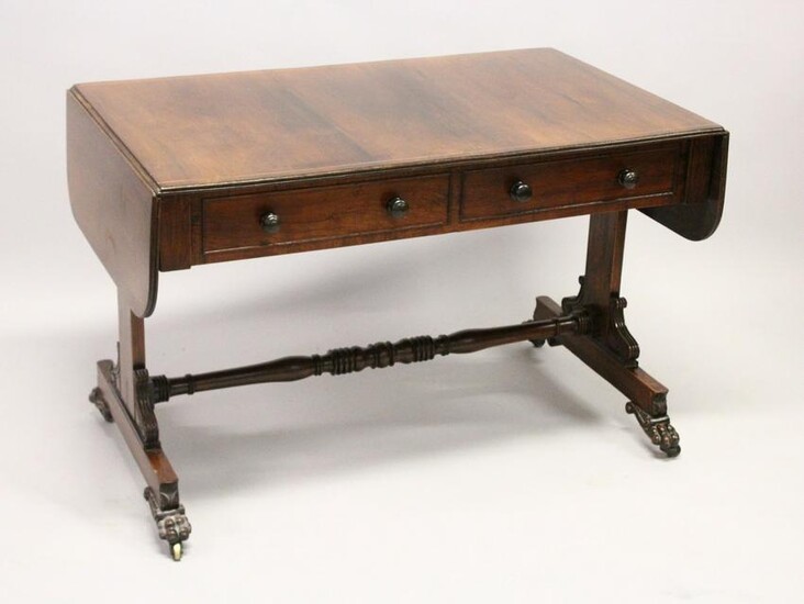 A GOOD REGENCY ROSEWOOD SOFA TABLE, with folding flaps